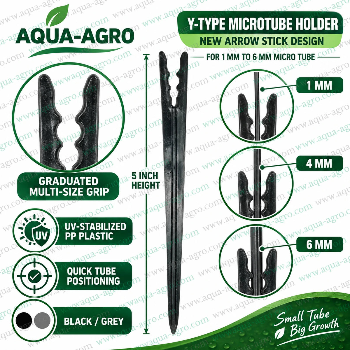 AQUA AGRO Y type arrow stick microtube holder UV stabilised PP plastic 5 inch stake with graduated multi size grip for 1mm to 6mm micro irrigation tube