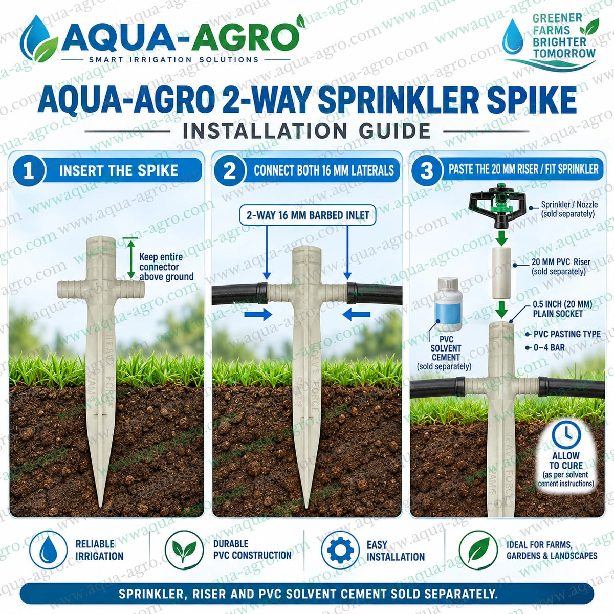 AQUA AGRO 2 way sprinkler spike installation with 16mm drip laterals and 20mm PVC riser for farm garden and landscape irrigation