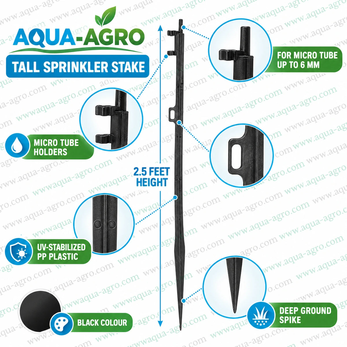 AQUA AGRO 2.5 feet sprinkler stake installation with 6mm microtube holder and micro sprinkler support for farm garden and landscape irrigation