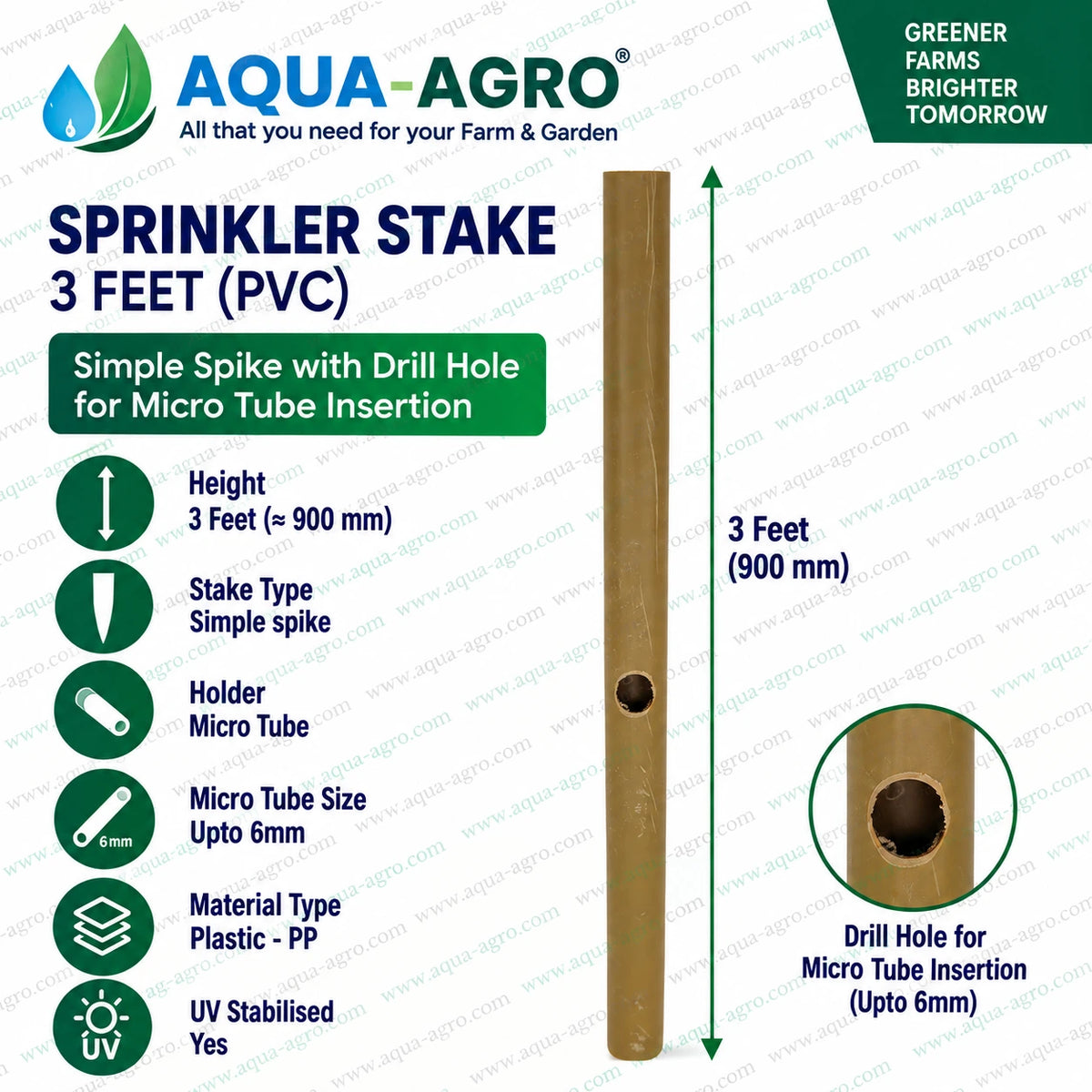 AQUA AGRO 3 feet PVC plastic sprinkler stake with drill hole for up to 6mm micro tube insertion UV stabilized irrigation support spike for farm garden and landscape irrigation