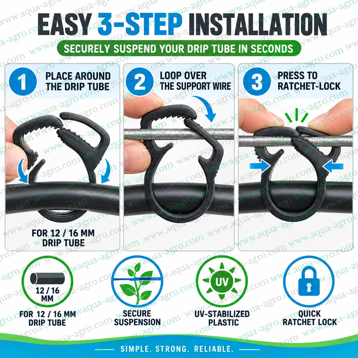 AQUA AGRO ratchet suspender clamp installation for 12mm and 16mm drip tube with secure support wire suspension for drip irrigation systems