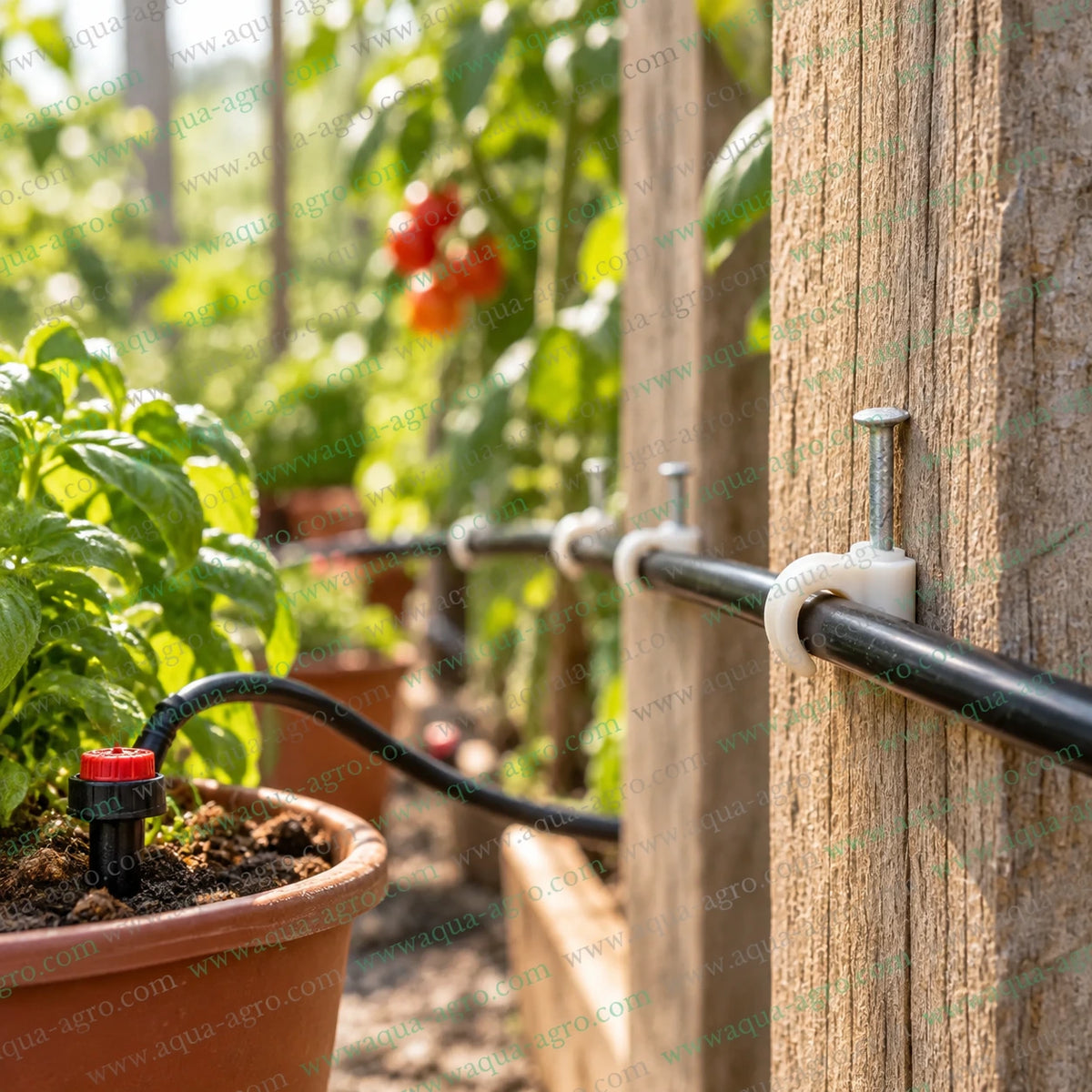 AQUA AGRO 6mm micro tube wall clip with nail installed on wooden support for secure micro irrigation tube mounting in gardens and farms