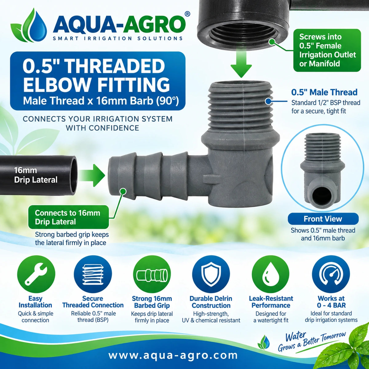 How AQUA-AGRO 0.5 inch male threaded elbow connects a 16mm drip lateral to irrigation manifold with secure barbed grip