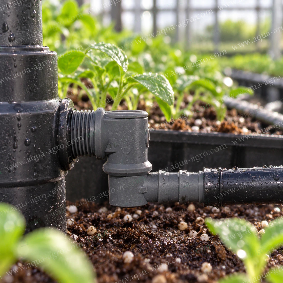 AQUA-AGRO 0.5 inch x 16mm Delrin threaded elbow connecting drip lateral to irrigation outlet in greenhouse watering system