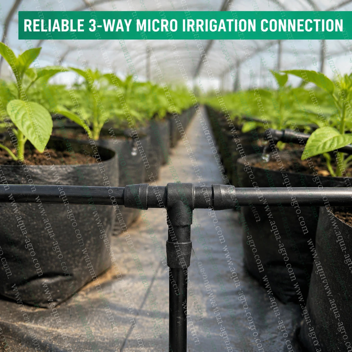 AQUA AGRO Lite 4mm barbed micro tee PP plastic black drip fitting product infographic for drip tube and micro tube irrigation
