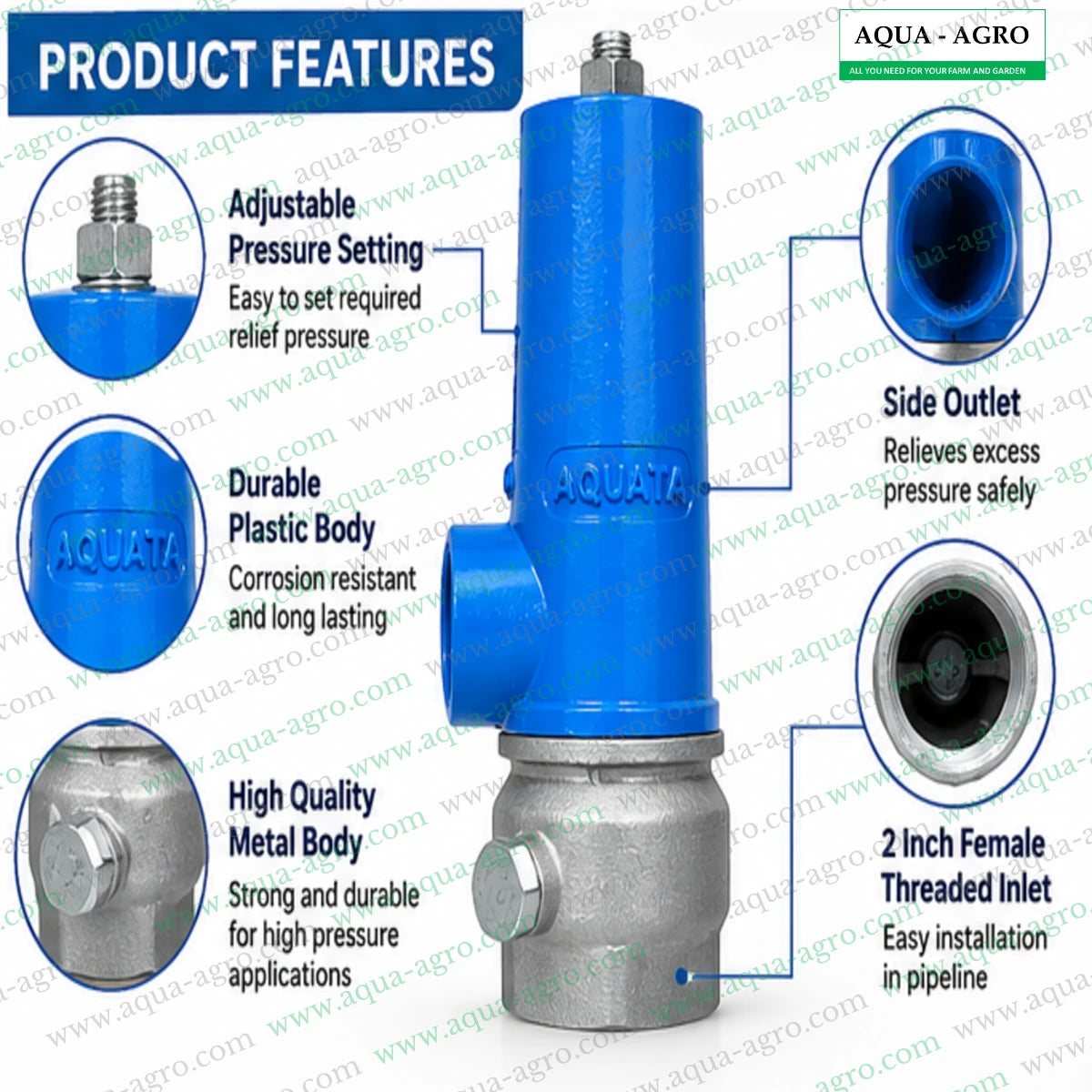 AQUATA AQ-5005 pressure release valve with adjustable pressure setting side discharge outlet metal base and 2 inch female threaded inlet for water pipelines