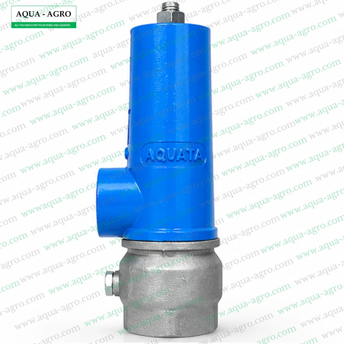 AQUATA AQ-5005 2 inch spring loaded pressure relief valve with blue plastic housing metal body and female threaded inlet for irrigation pressure protection