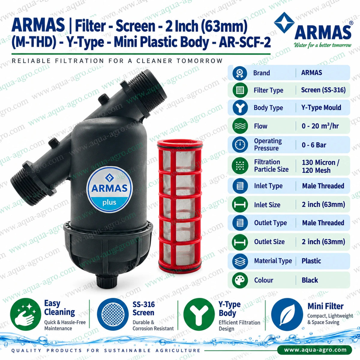 ARMAS 2 inch 63mm Y type mini screen filter AR SCF 2 with black plastic body red removable SS 316 stainless steel screen cartridge 120 mesh 130 micron filtration male threaded inlet and outlet 0 to 20 m3 per hour flow capacity and 0 to 6 bar operating pressure for agricultural drip irrigation sprinkler systems and farm water filtration