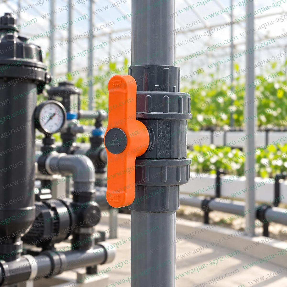 AUTOMAT 2 inch 63mm double union PVC ball valve HT-66-PP-DU installed in greenhouse irrigation system for reliable water flow control