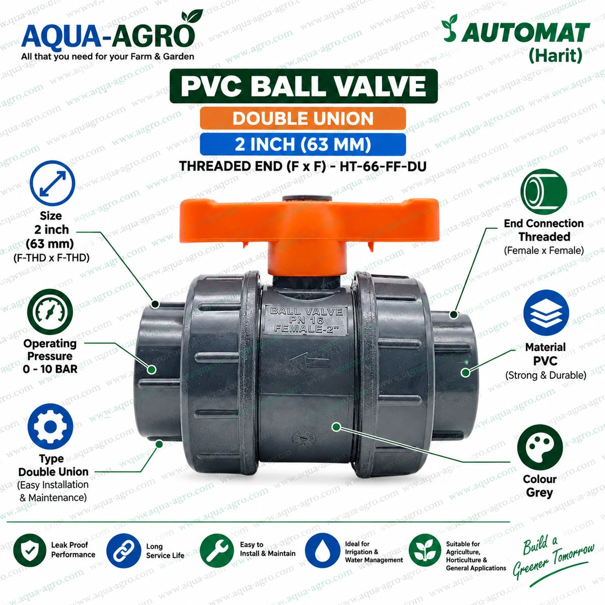 AUTOMAT 2 inch 63mm double union PVC ball valve HT-66-FF-DU female threaded FxF valve for agriculture irrigation and water management applications