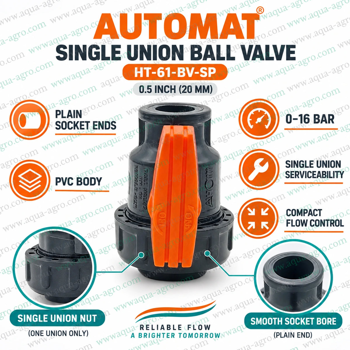 AUTOMAT HT-61-BV-SP 0.5 inch (20mm) PVC single union ball valve with plain socket ends, 0–16 bar pressure rating and removable union nut for irrigation flow control