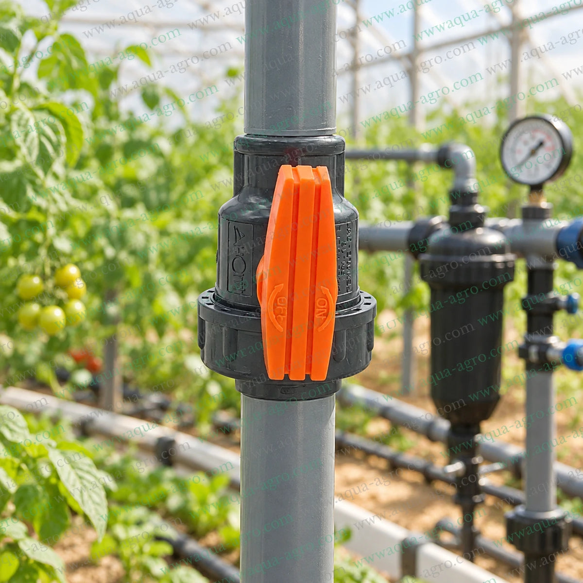 AUTOMAT Harit 0.75 inch (25mm) PVC single union ball valve installed on an agricultural irrigation and greenhouse pipeline for reliable water flow control