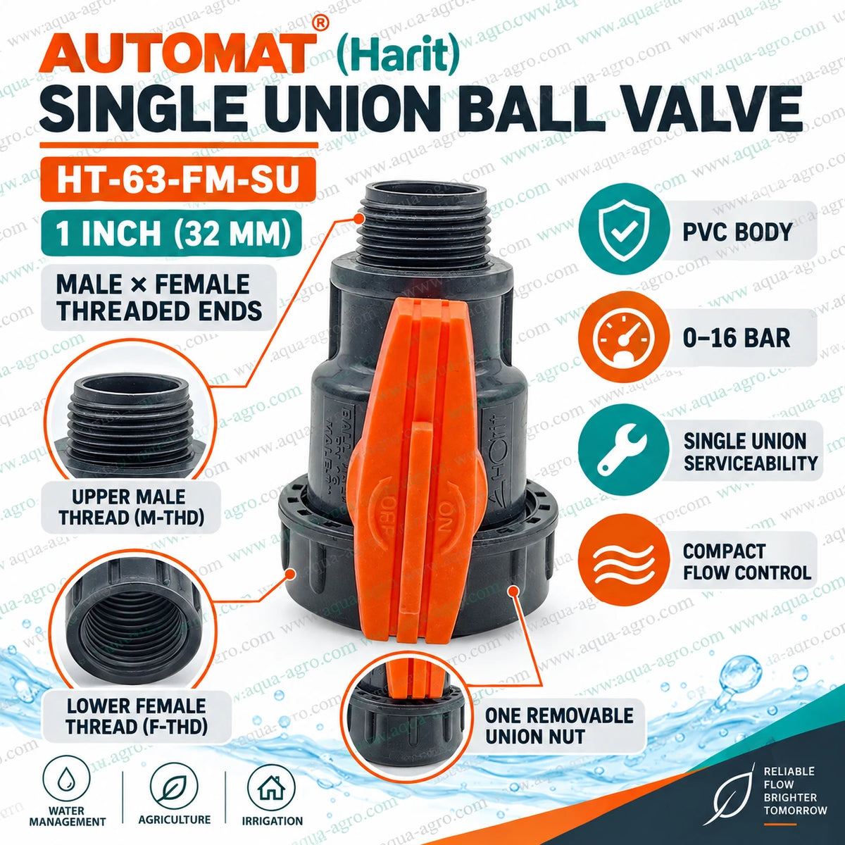 AUTOMAT (Harit) HT-63-FM-SU 1 inch (32mm) PVC single union ball valve with male × female threaded ends, 0–16 bar pressure rating, removable union nut and compact flow control for irrigation, agriculture and water management systems