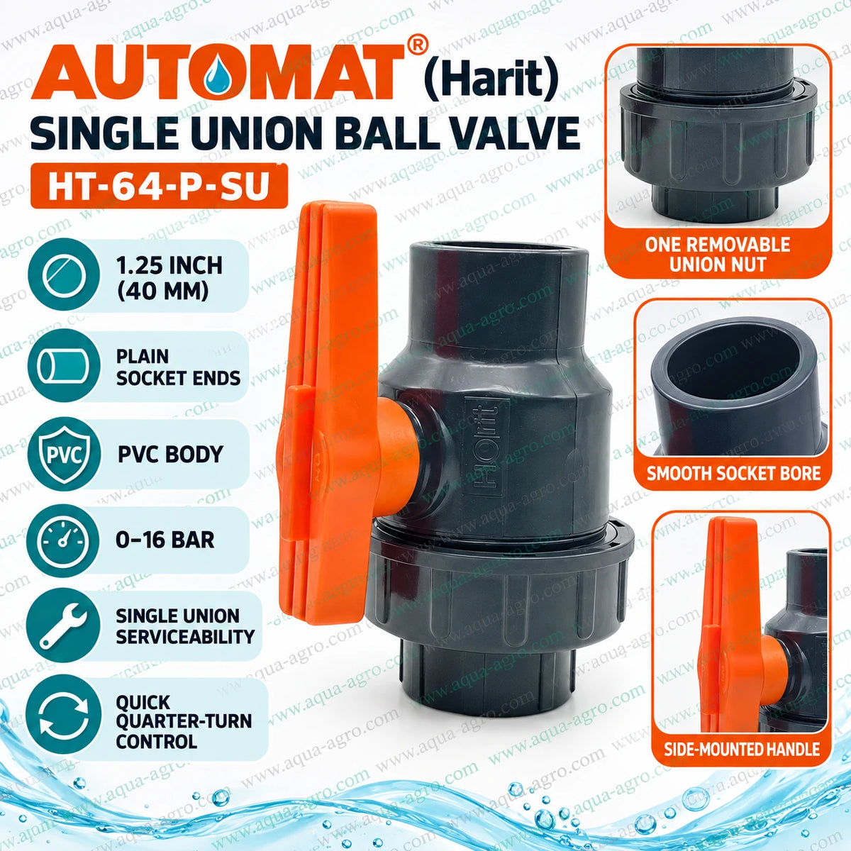 AUTOMAT Harit HT-64-P-SU 1.25 inch (40mm) PVC single union ball valve with plain socket ends, 0–16 bar pressure rating, removable union nut, smooth socket bore and quick quarter-turn flow control