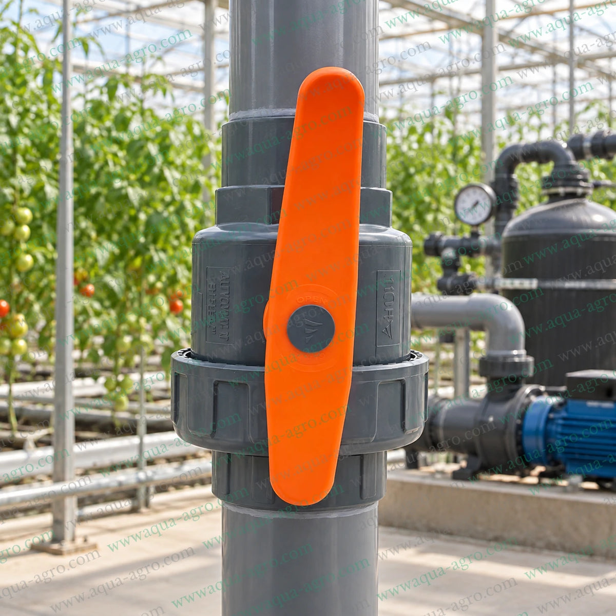 AUTOMAT 4 inch (110mm) PVC single union ball valve installed on a heavy-duty greenhouse irrigation pipeline with pump and filtration system for agricultural irrigation and high-flow water control