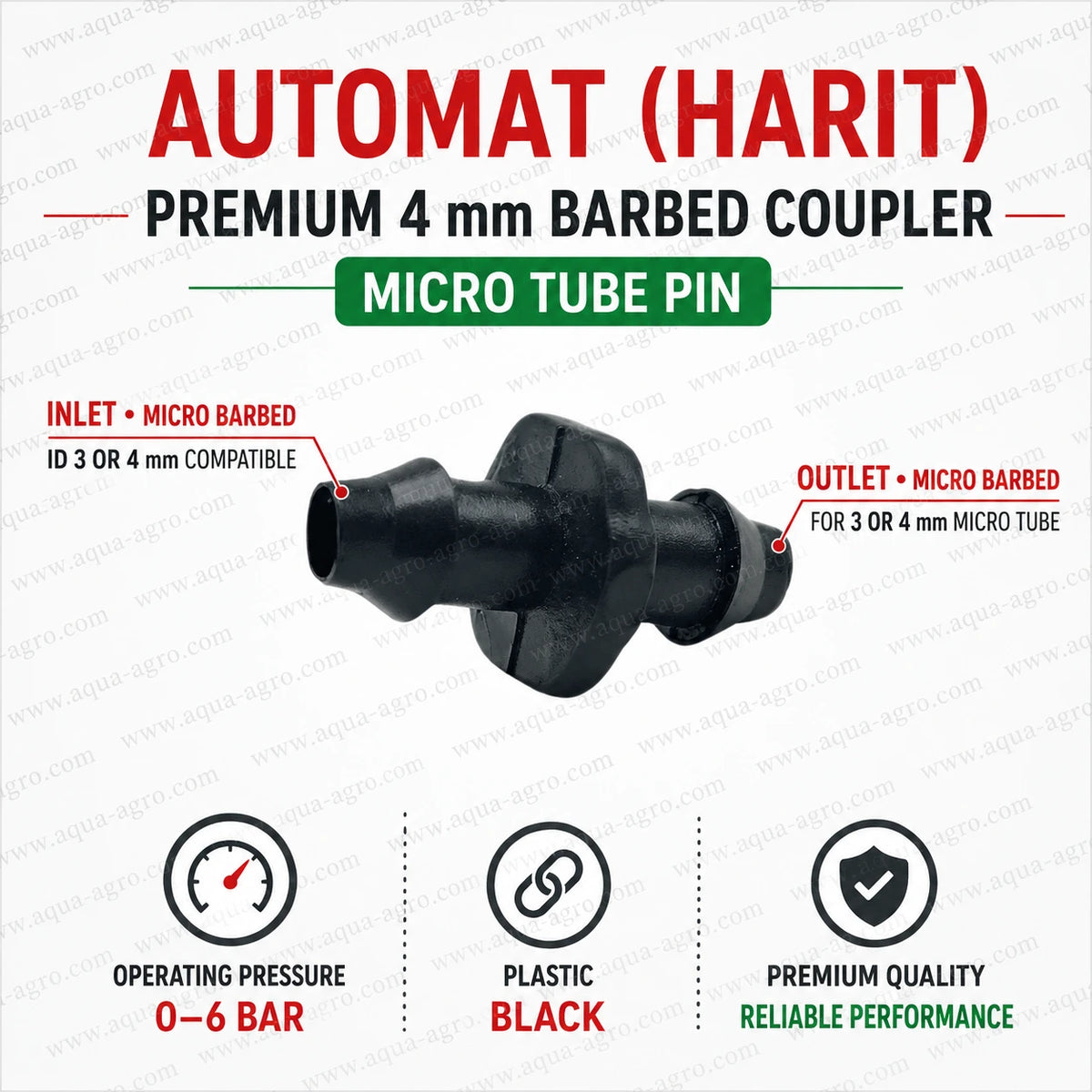 AUTOMAT Harit premium Delrin 4mm barbed coupler micro tube pin black connector with 0 to 6 bar operating pressure for drip irrigation and micro irrigation systems