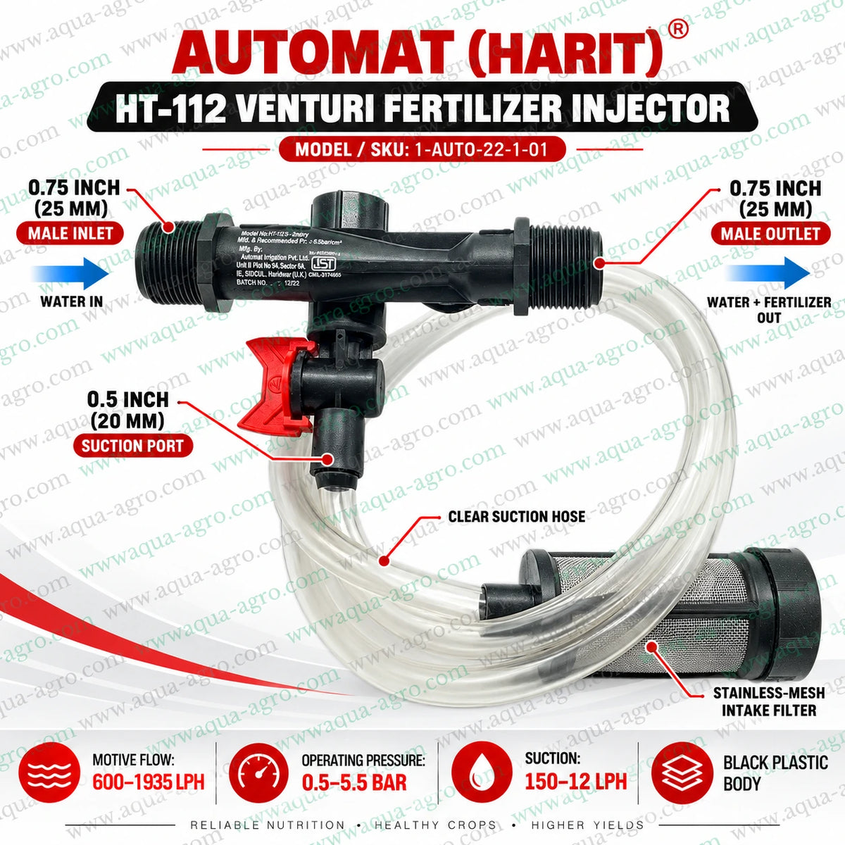 AUTOMAT HT-112 0.75 inch Venturi fertilizer injector installed in an agricultural irrigation pipeline with transparent suction hose and stainless steel intake filter submerged in a liquid fertilizer tank for greenhouse irrigation drip fertigation and crop nutrient delivery