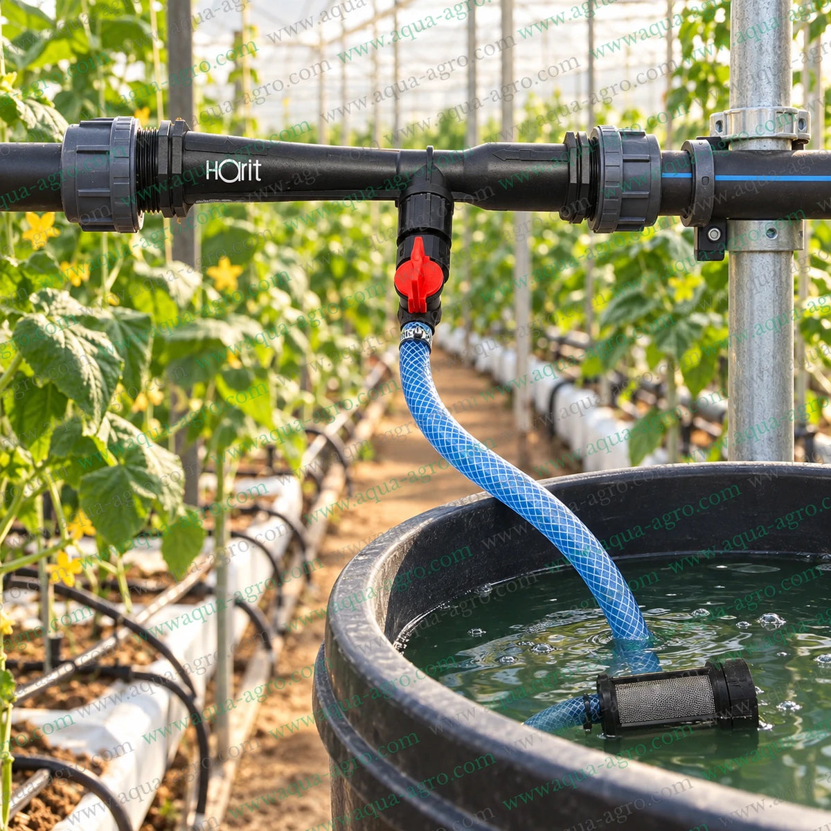 AUTOMAT Harit HT-114 1.5 inch Venturi fertilizer injector working principle showing water flow through injector pressure differential creating suction and liquid fertilizer mixing with irrigation water through blue braided suction hose and stainless steel mesh filter