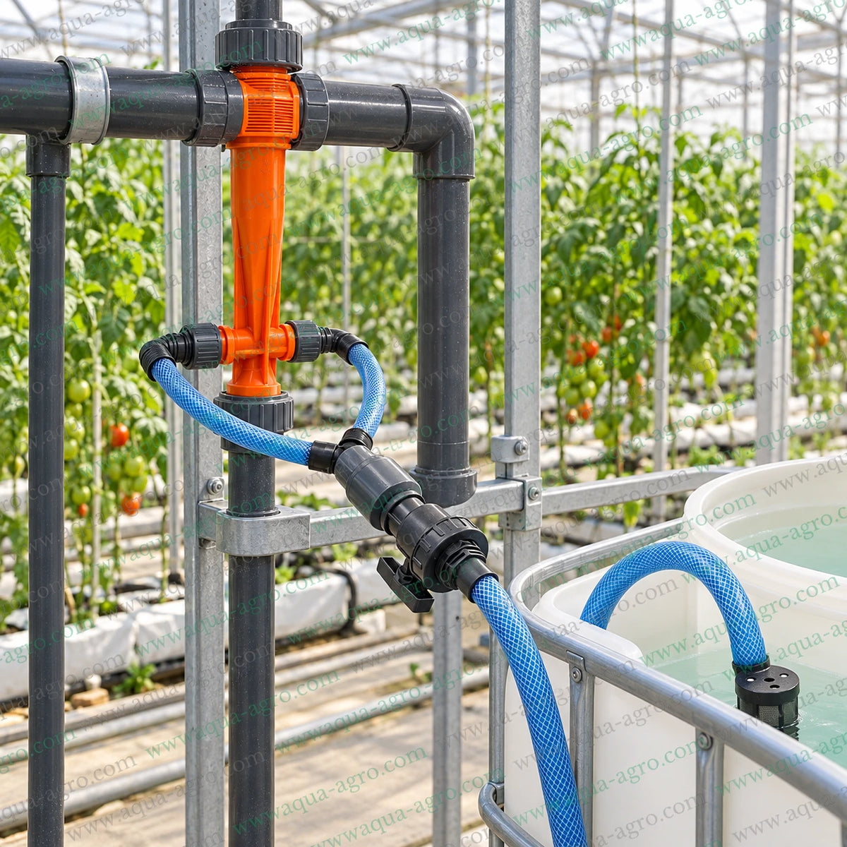 AUTOMAT Harit HT-115-DS-S 2 inch 63mm Super Venturi fertilizer injector with dual 1 inch suction ports male threaded inlet and outlet complete suction assembly blue braided hose and intake filter for high flow agricultural fertigation with 6200 to 16600 LPH motive flow and 115 to 1000 LPH suction rate