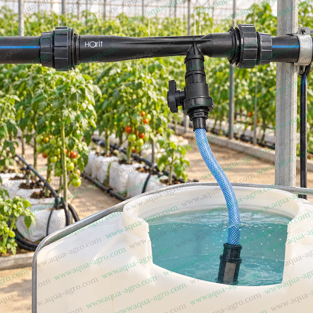 AUTOMAT Harit HT-115-LF 2 inch 63mm high flow Venturi fertilizer injector with male threaded inlet and outlet 1 inch suction port flow control valve blue braided suction hose and mesh intake filter for agricultural drip irrigation and fertigation systems