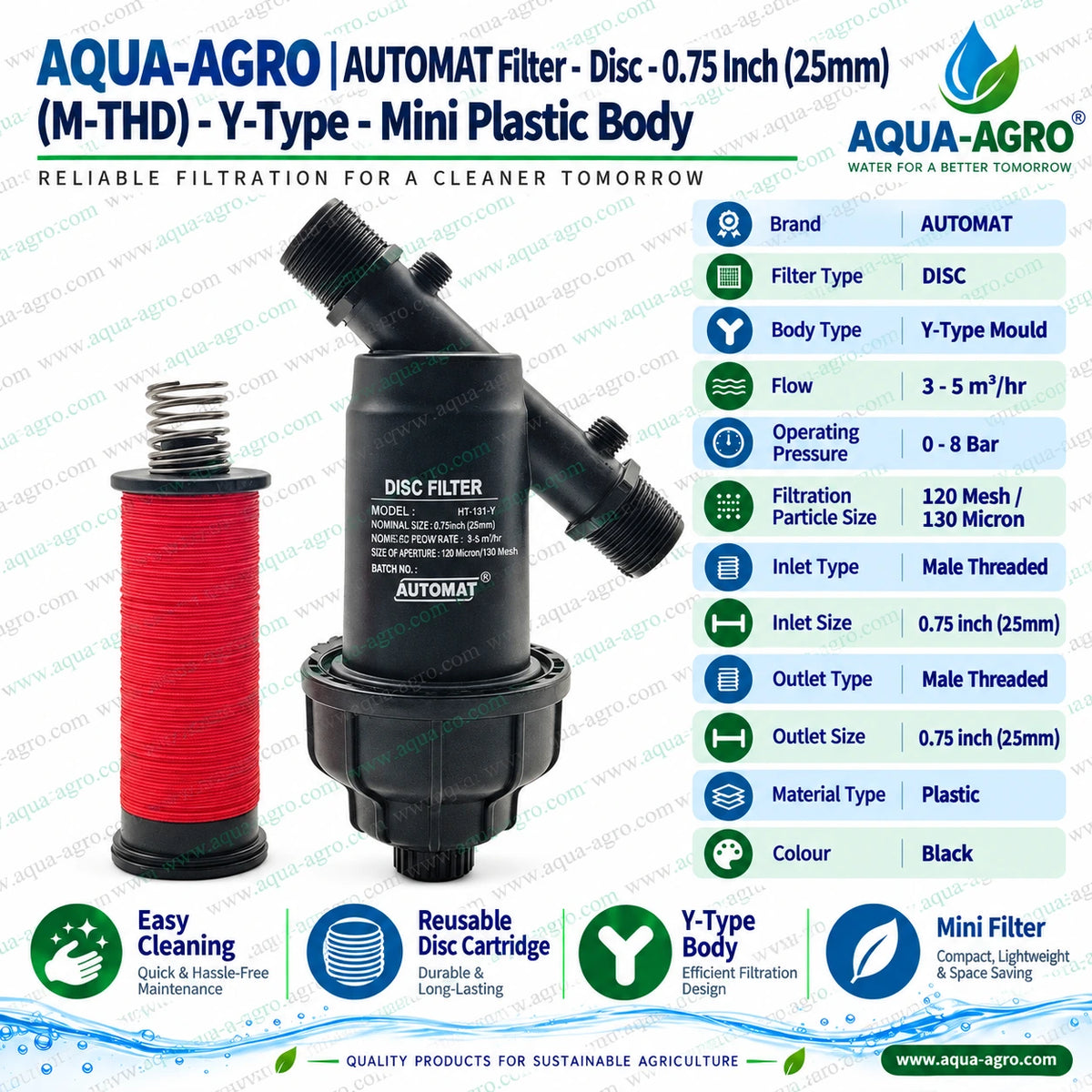 AUTOMAT HT-131-Y 0.75 inch 25mm mini Y type disc filter with black plastic body removable red disc cartridge 120 mesh 130 micron filtration male threaded inlet and outlet 3 to 5 m3 per hour flow capacity and 0 to 8 bar operating pressure for agricultural irrigation systems