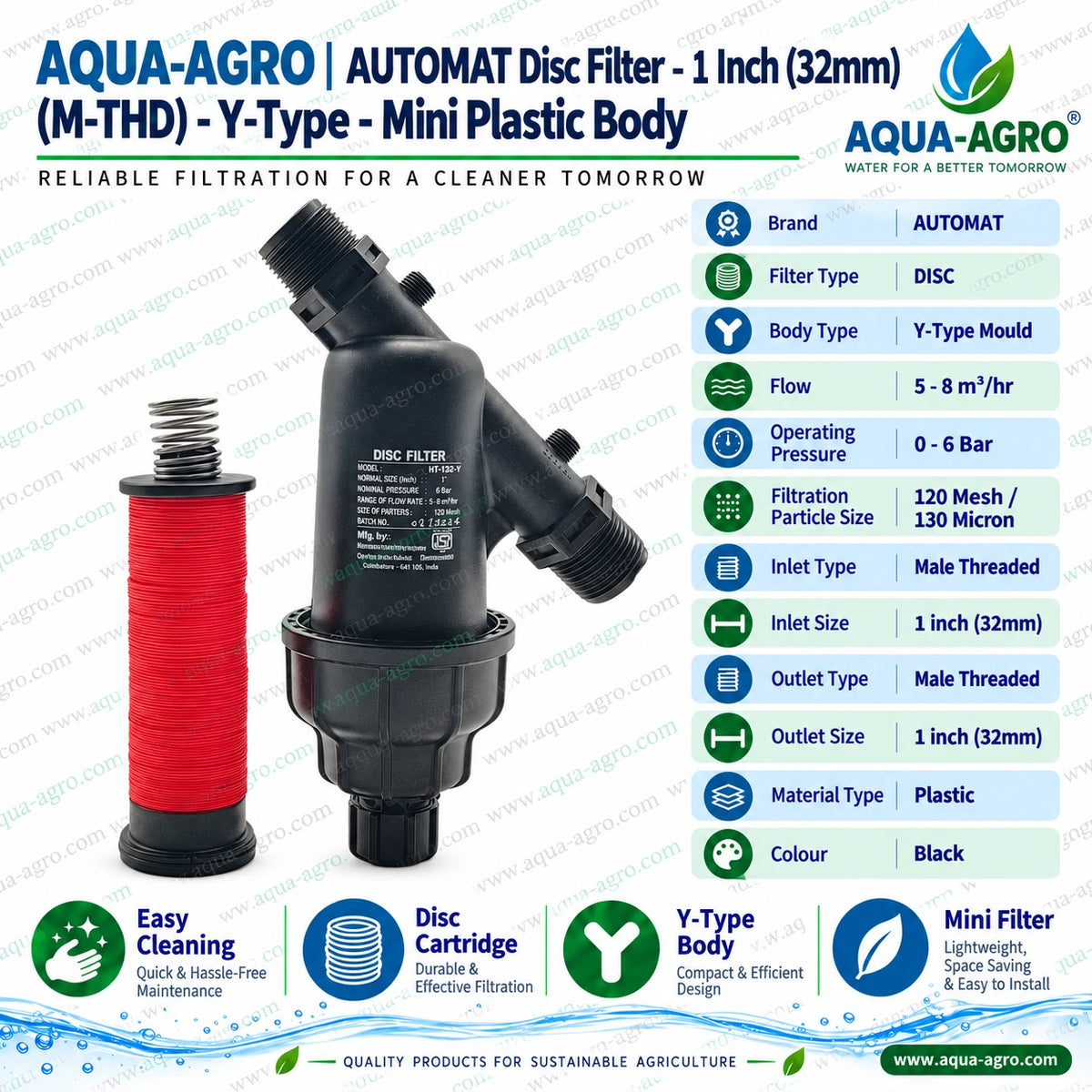 AUTOMAT HT-132-Y 1 inch 32mm mini Y type disc filter with black plastic body removable red disc cartridge spring loaded filter element 120 mesh 130 micron filtration male threaded inlet and outlet 5 to 8 m3 per hour flow capacity and 0 to 6 bar operating pressure for drip and sprinkler irrigation systems