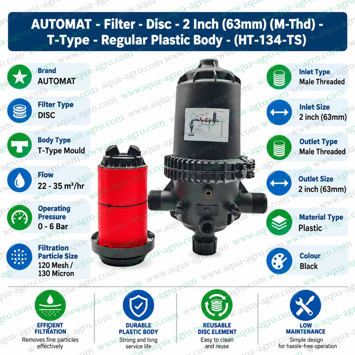 AUTOMAT HT-134-TS 2 inch 63mm T type disc water filter with regular black plastic body removable red disc filter cartridge reusable filtration element male threaded inlet and outlet 120 mesh 130 micron filtration for agricultural water filtration drip irrigation sprinkler systems farms gardens and greenhouses