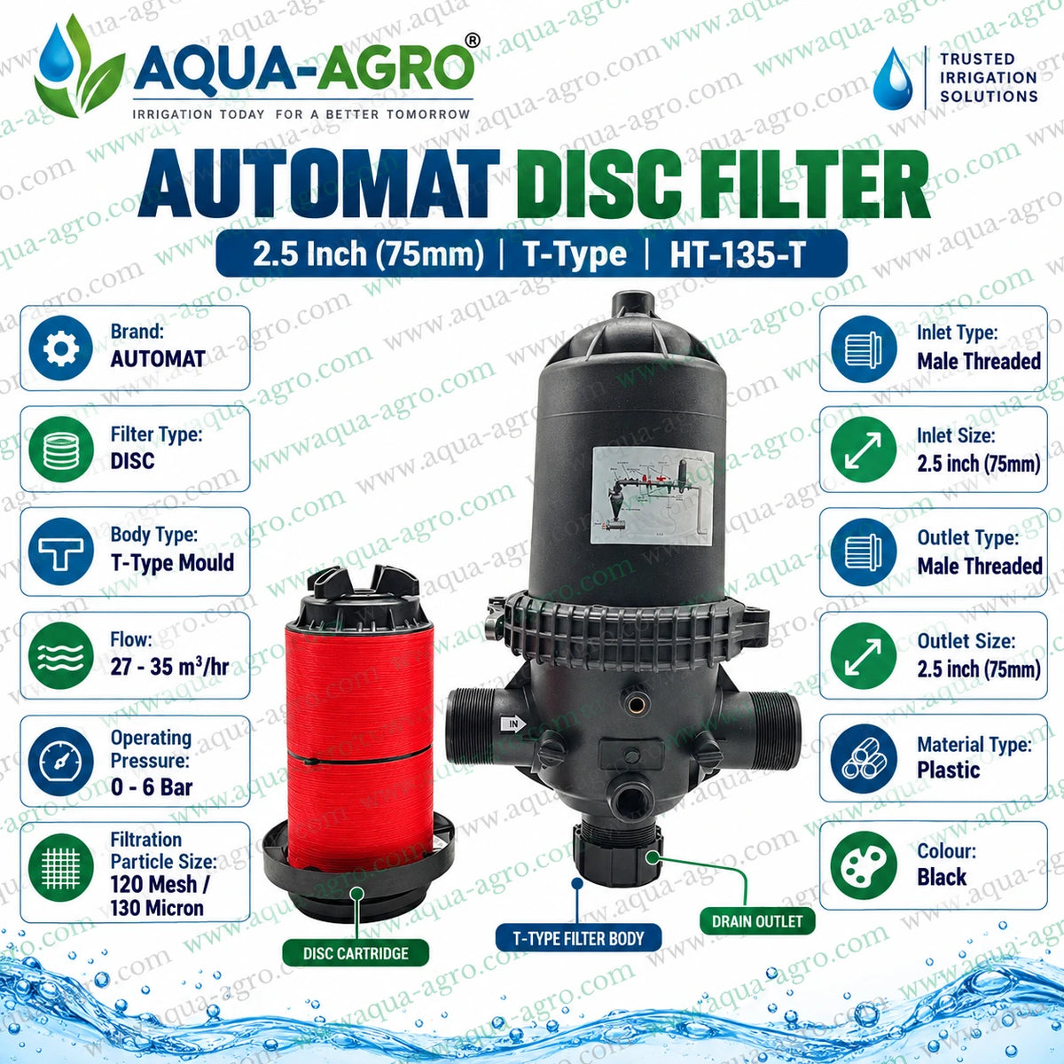 AUTOMAT HT-135-T 2.5 inch 75mm T type disc water filter with regular black plastic body removable red disc cartridge 120 mesh 130 micron filtration 27 to 35 m3 per hour flow rate 0 to 6 bar operating pressure and drain outlet for agricultural irrigation farms gardens and greenhouses