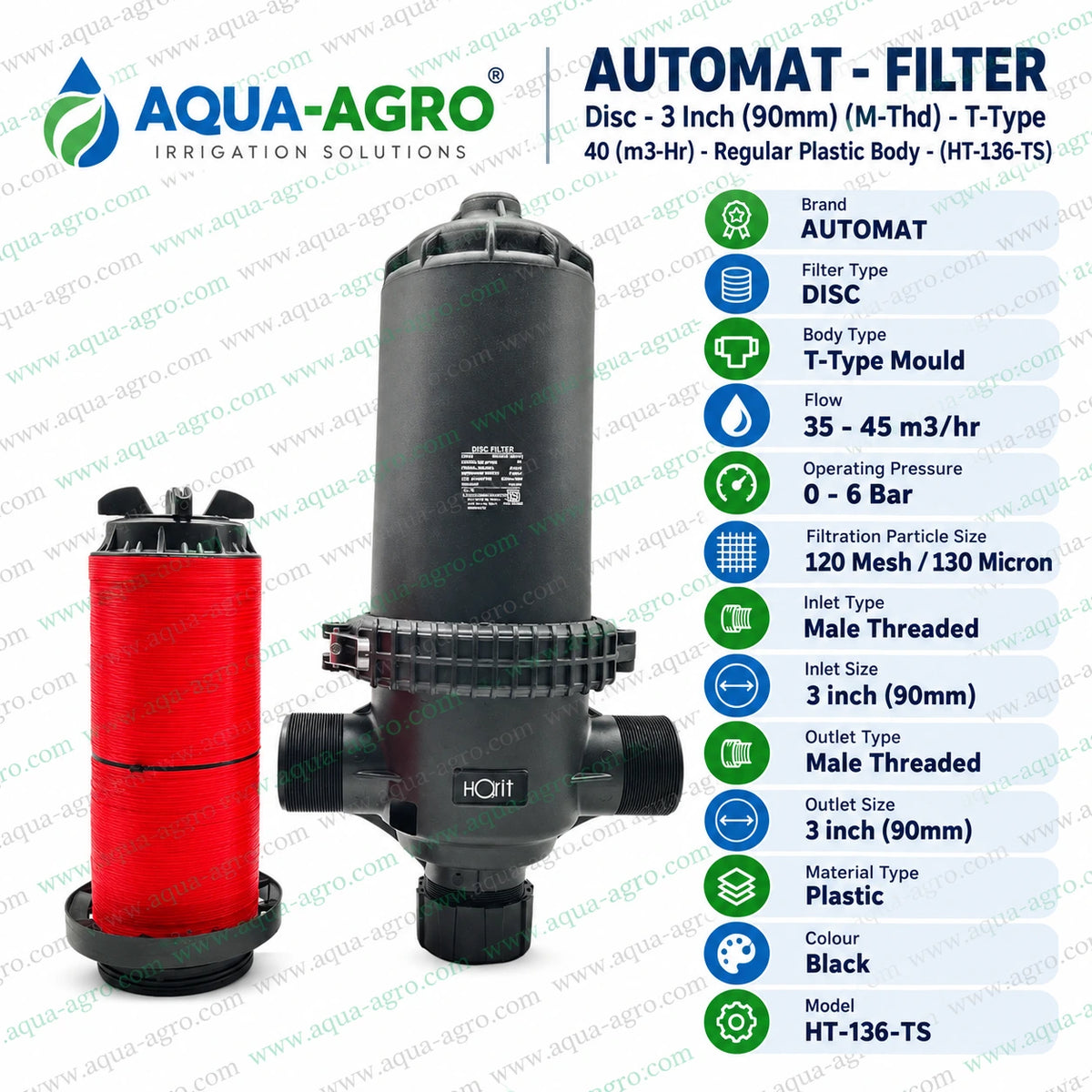 AUTOMAT HT-136-TS 3 inch 90mm T type disc filter with black plastic body removable red disc cartridge 120 mesh 130 micron filtration 35 to 45 m3 per hour flow rate 0 to 6 bar operating pressure and male threaded inlet outlet for agricultural drip irrigation and sprinkler systems