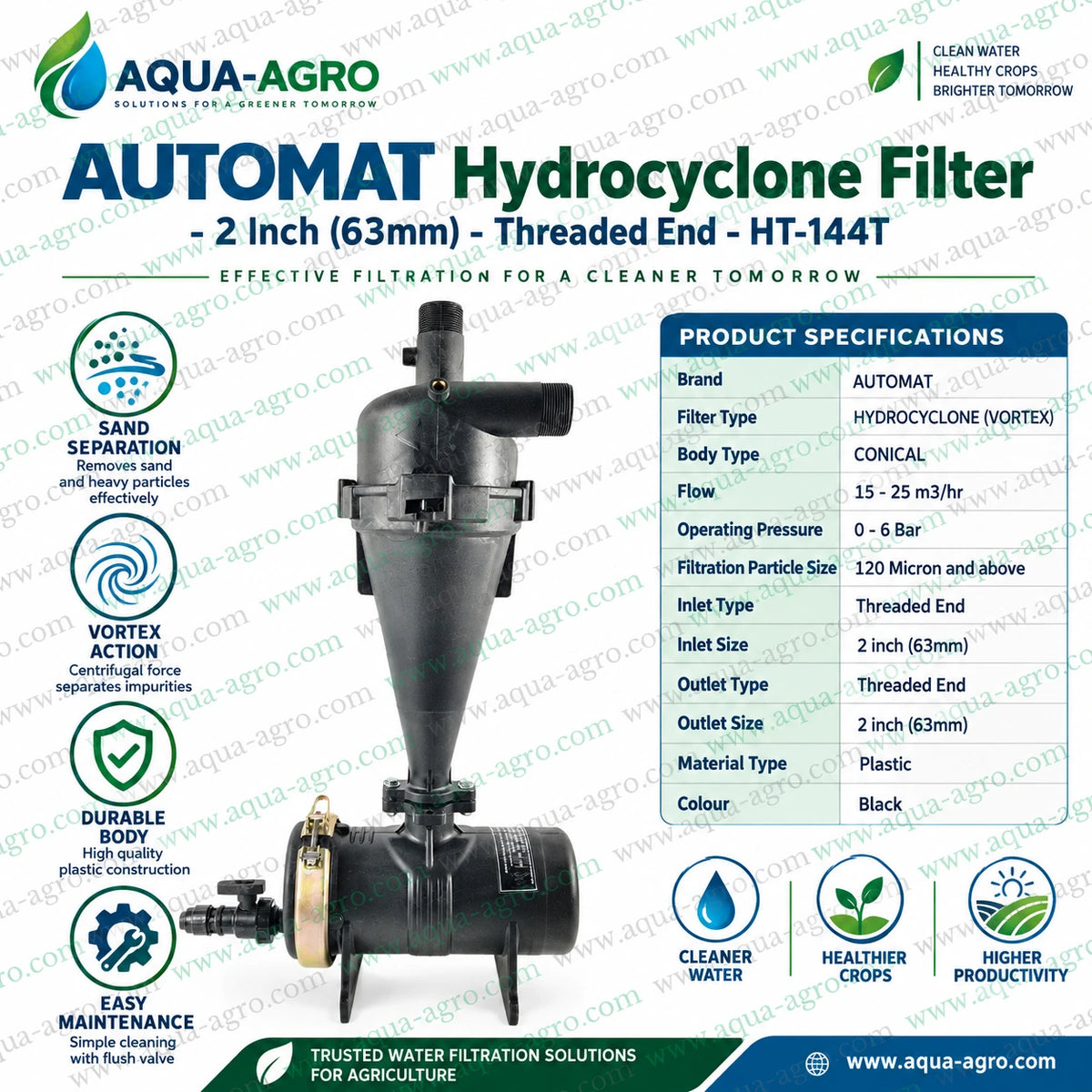 AUTOMAT HT-144T hydrocyclone vortex sand separator filter with 2 inch 63mm male threaded inlet and outlet 15 to 25 m3 per hour flow capacity and 0 to 6 bar operating pressure for agricultural irrigation water filtration