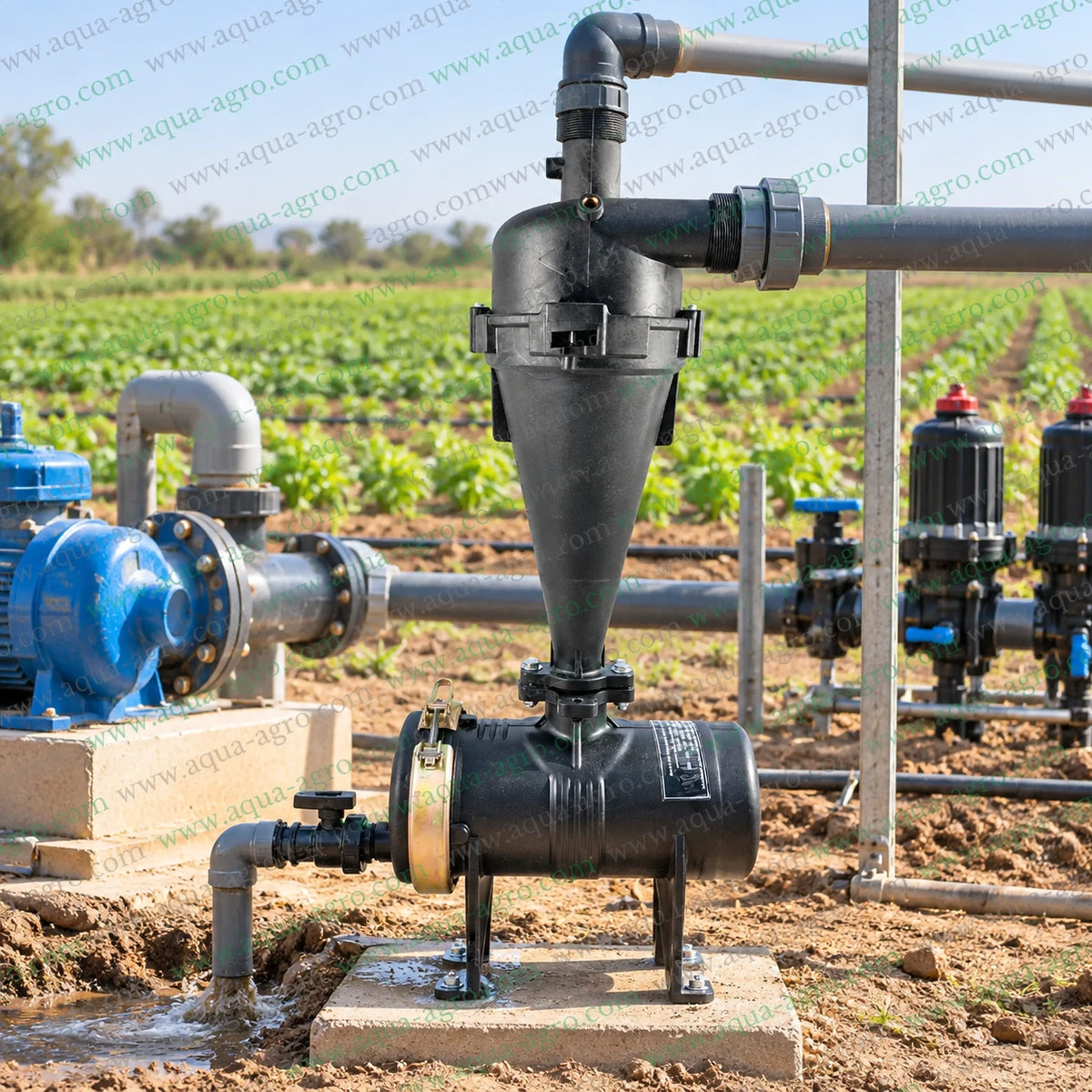 AUTOMAT HT-144T 2 inch plastic hydrocyclone filter installed near an agricultural irrigation pump with sand flushing valve for removing sand and heavy particles from irrigation water