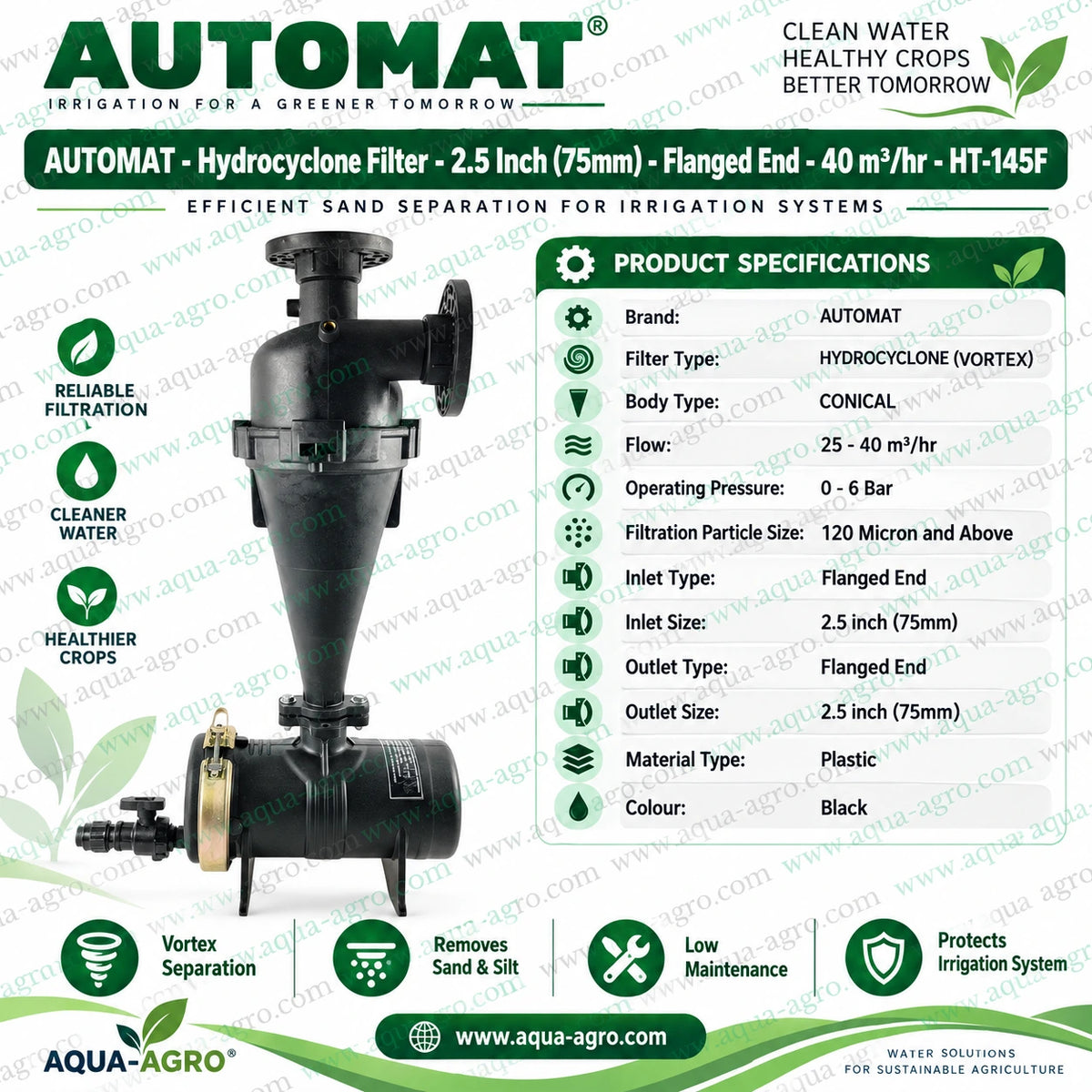 AUTOMAT HT-145F 2.5 inch 75mm flanged hydrocyclone sand separator filter with black plastic conical body 40 m3 per hour flow capacity and flushing valve for agricultural drip irrigation water filtration