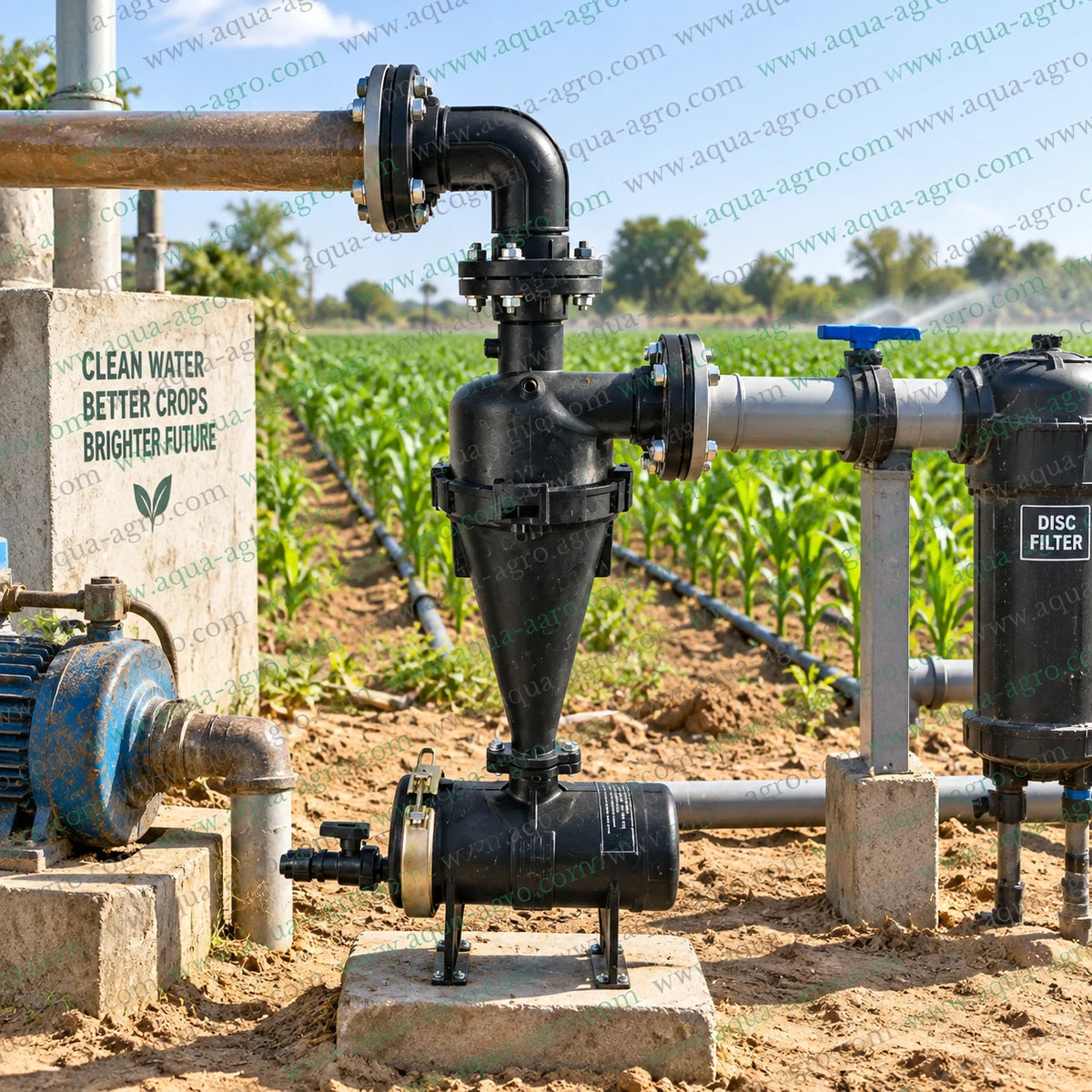 AUTOMAT HT-145FE 2.5 inch 75mm flanged hydrocyclone vortex filter with top elbow installed in agricultural irrigation pipeline alongside disc filter for sand and sediment separation in drip irrigation and sprinkler irrigation systems