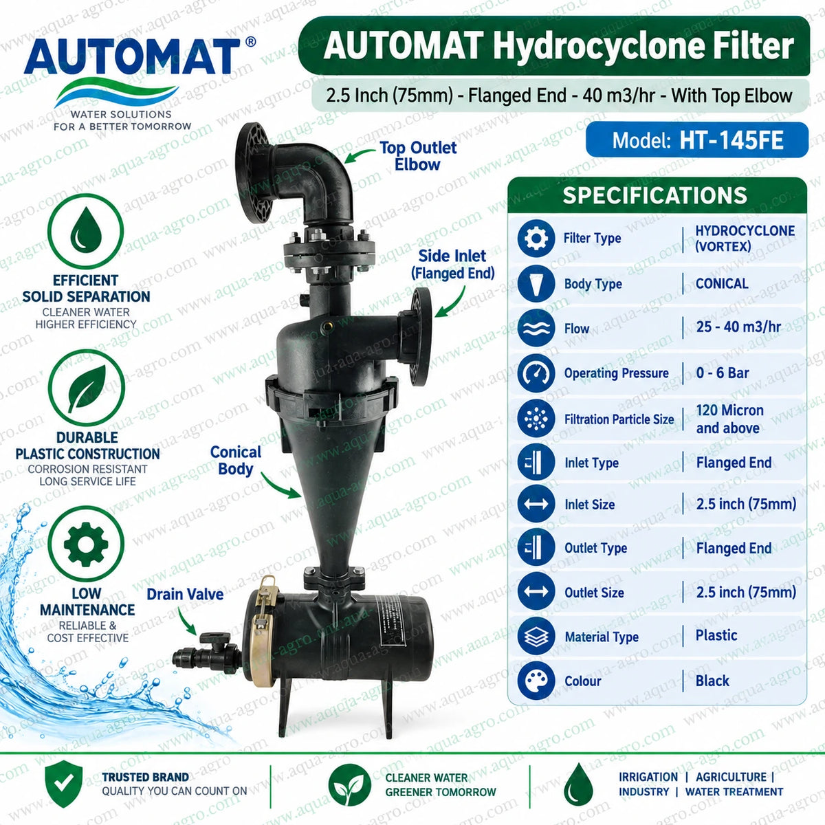 AUTOMAT HT-145FE 2.5 inch 75mm flanged hydrocyclone sand separator filter with top elbow outlet and black conical plastic body featuring 25 to 40 m3 per hour flow capacity and sediment drain valve for agricultural irrigation water filtration