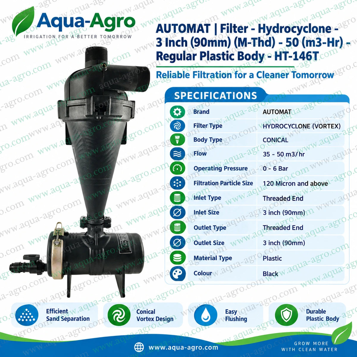 AUTOMAT HT-146T 3 inch hydrocyclone vortex filter with 35 to 50 m3 per hour flow capacity 0 to 6 bar operating pressure and durable plastic body for agricultural irrigation water filtration