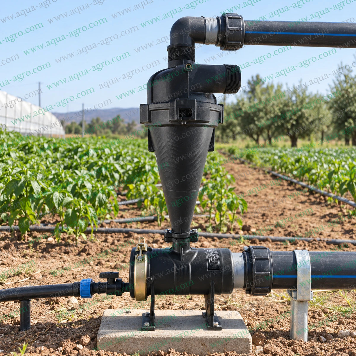 AUTOMAT HT-146T 3 inch 90mm male threaded hydrocyclone sand separator filter installed in an agricultural drip irrigation pipeline with black plastic conical body and sand flushing valve