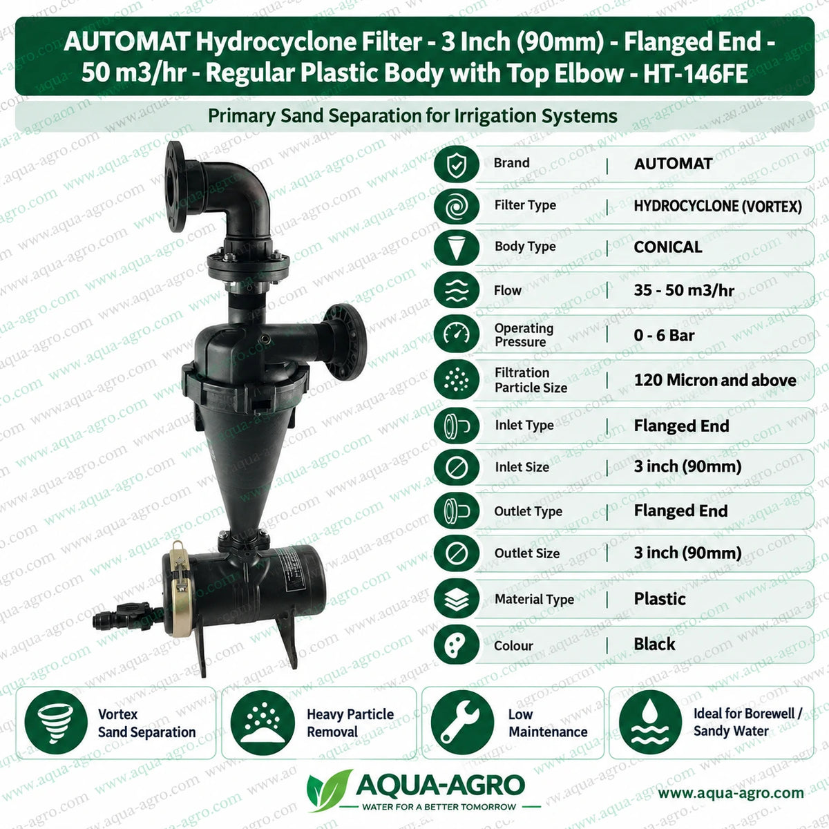 AUTOMAT HT-146FE 3 inch 90mm hydrocyclone vortex filter with flanged inlet and top elbow outlet featuring 35 to 50 m3 per hour flow capacity 0 to 6 bar operating pressure and sediment separation for drip irrigation sprinkler systems and agricultural water filtration