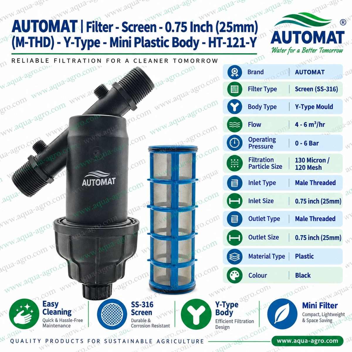 AUTOMAT 0.75 inch 25mm Y type mini screen irrigation filter HT 121 Y installed on agricultural irrigation pipeline with male threaded pipe connections durable black plastic filter housing and bottom drain cap for filtering sand dirt and suspended particles from water in drip irrigation sprinkler systems vegetable farms greenhouses and agricultural fields