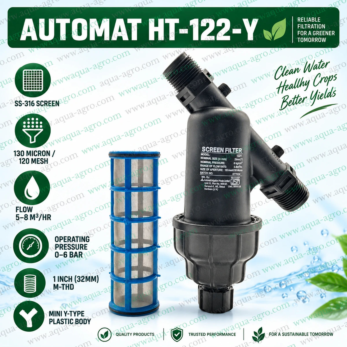 AUTOMAT HT-122-Y 1 inch 32mm male threaded Y type mini screen filter with removable SS316 stainless steel filter element 120 mesh 130 micron filtration 5 to 8 m3 per hour flow capacity 0 to 6 bar operating pressure and durable black plastic body for agricultural drip irrigation sprinkler irrigation and garden water filtration