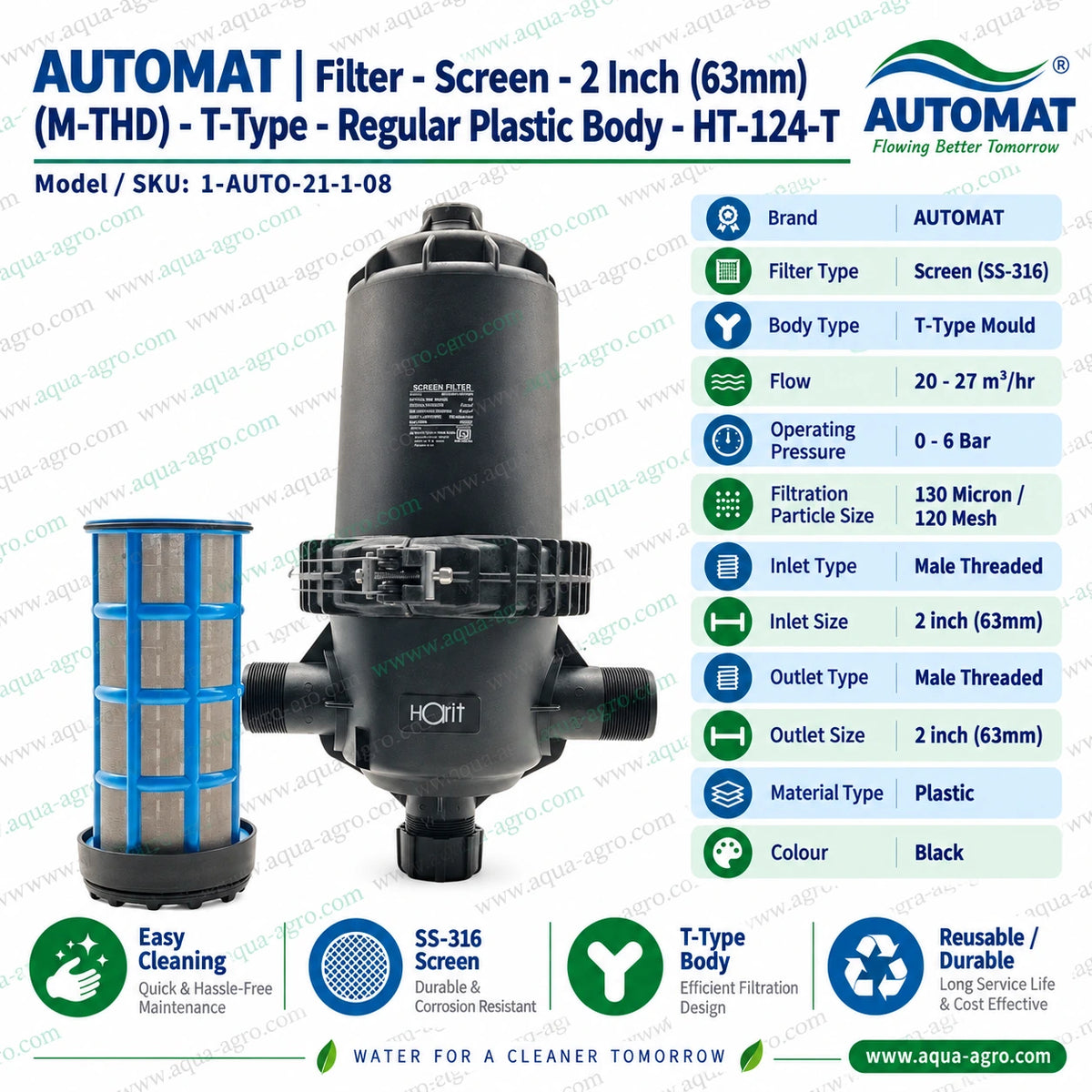 AUTOMAT HT 124 T 2 inch 63mm T type irrigation screen filter with black plastic body blue SS 316 stainless steel screen cartridge 130 micron 120 mesh filtration male threaded inlet and outlet 20 to 27 cubic metres per hour flow capacity and 0 to 6 bar operating pressure for agricultural drip irrigation and sprinkler system