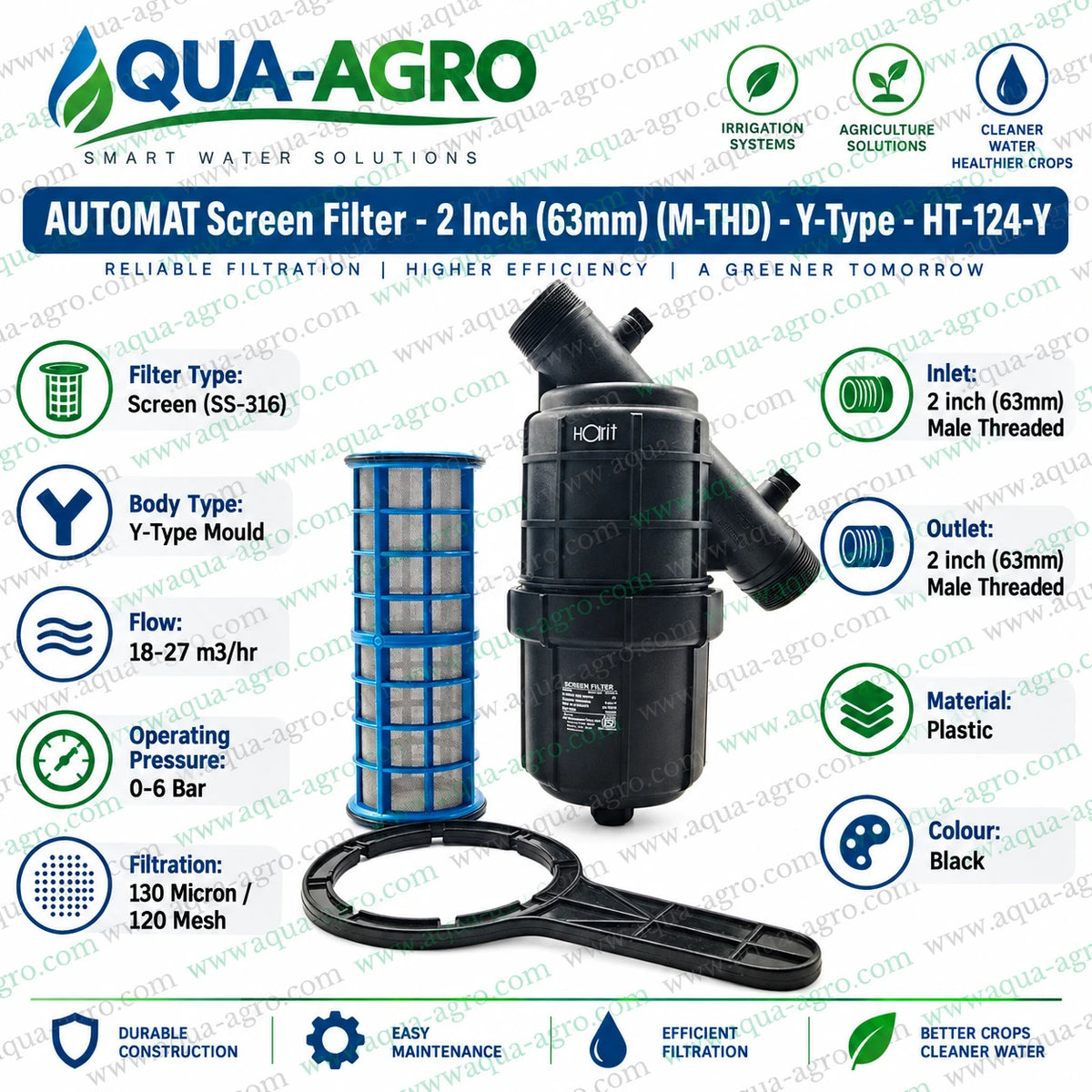 AUTOMAT HT 124 Y 2 inch 63mm Y type irrigation screen filter with durable black plastic housing removable blue SS 316 stainless steel mesh cartridge 130 micron 120 mesh filtration 18 to 27 cubic metres per hour flow capacity 0 to 6 bar operating pressure and filter opening wrench for agricultural drip and sprinkler irrigation systems