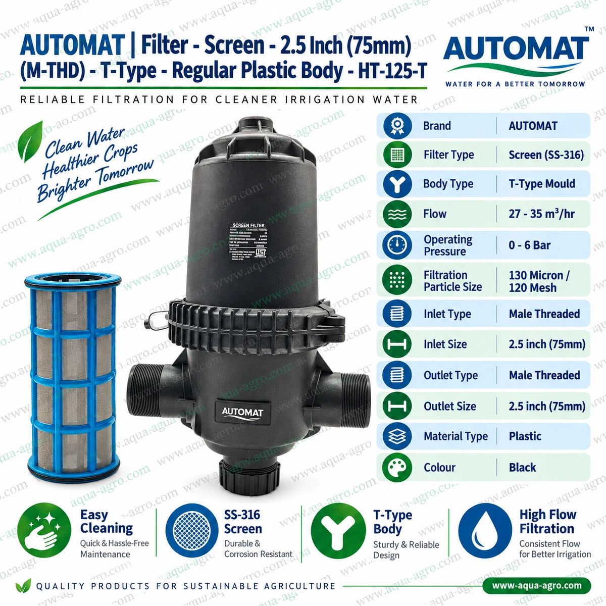 AUTOMAT HT 125 T 2.5 inch 75mm T type irrigation screen filter with durable black plastic body blue SS 316 stainless steel screen cartridge 130 micron 120 mesh filtration male threaded inlet and outlet 27 to 35 cubic metres per hour flow capacity and 0 to 6 bar operating pressure for agricultural drip irrigation and sprinkler systems