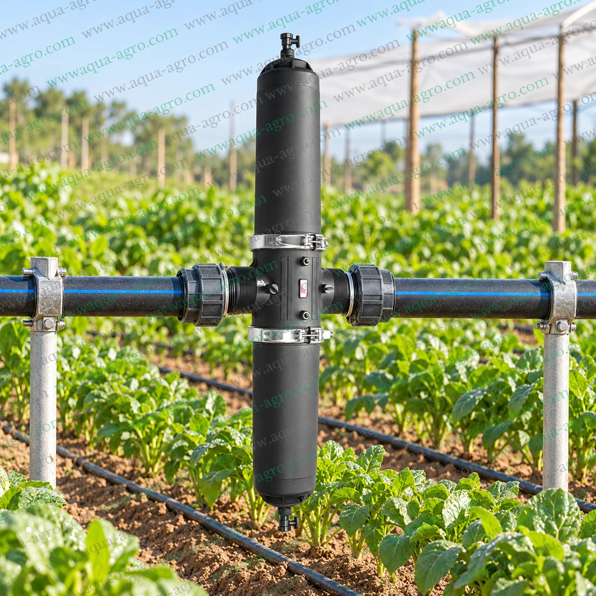AUTOMAT HT-126-D 3 inch 90mm dual screen filter installed on agricultural irrigation pipeline for water filtration in drip irrigation systems farms greenhouses and large scale agricultural fields