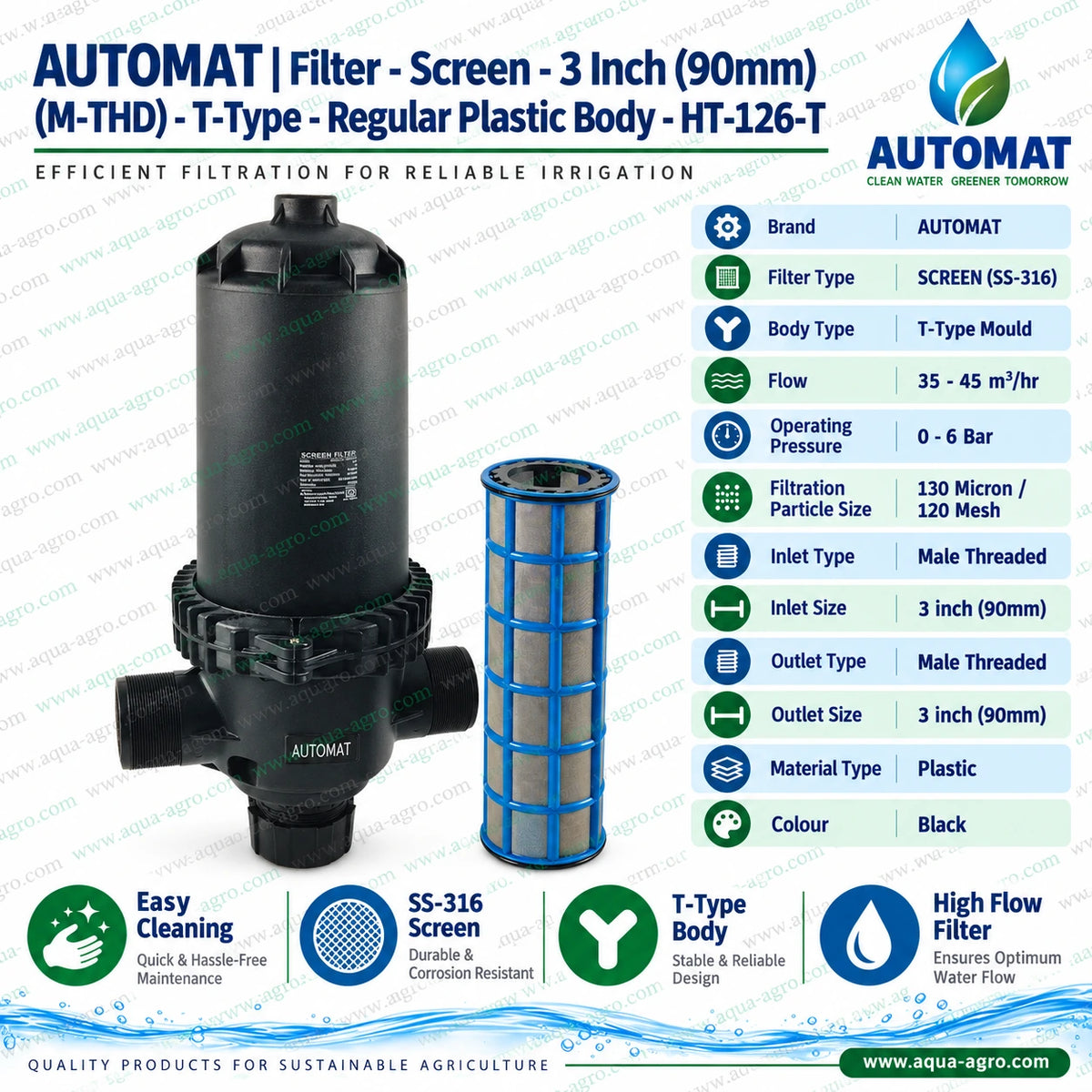 AUTOMAT HT 126 T 3 inch 90mm T type plastic screen filter installed on agricultural irrigation mainline with male threaded pipe connections durable black housing and removable stainless steel mesh cartridge for filtering sand dirt and suspended particles in farm irrigation drip irrigation and sprinkler systems