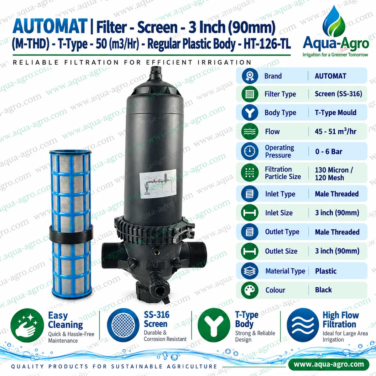AUTOMAT HT 126 TL 3 inch 90mm T type high flow plastic screen filter installed on agricultural irrigation mainline with male threaded pipe connections durable black housing and removable stainless steel mesh cartridge for filtering sand dirt and suspended particles in large agricultural farms drip irrigation sprinkler irrigation and greenhouse watering systems