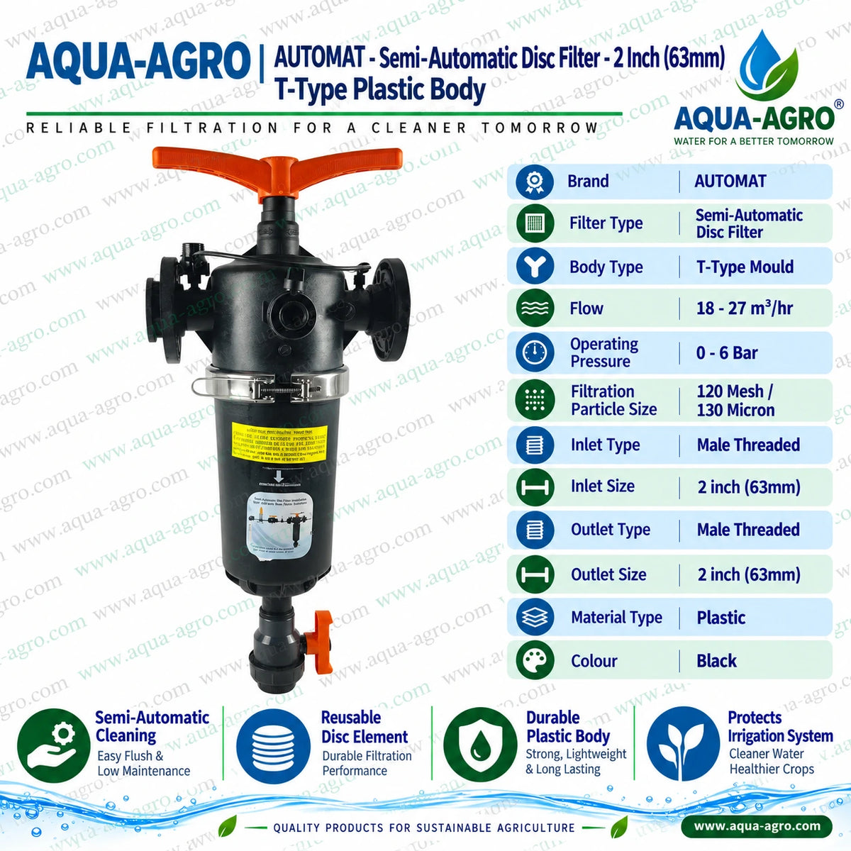AUTOMAT HT-134-TSA 2 inch 63mm semi automatic T type disc filter with black plastic body orange cleaning handle flanged end connections male threaded inlet and outlet 18 to 27 m3 per hour flow rate 0 to 6 bar operating pressure and 120 mesh 130 micron filtration for agricultural drip irrigation systems
