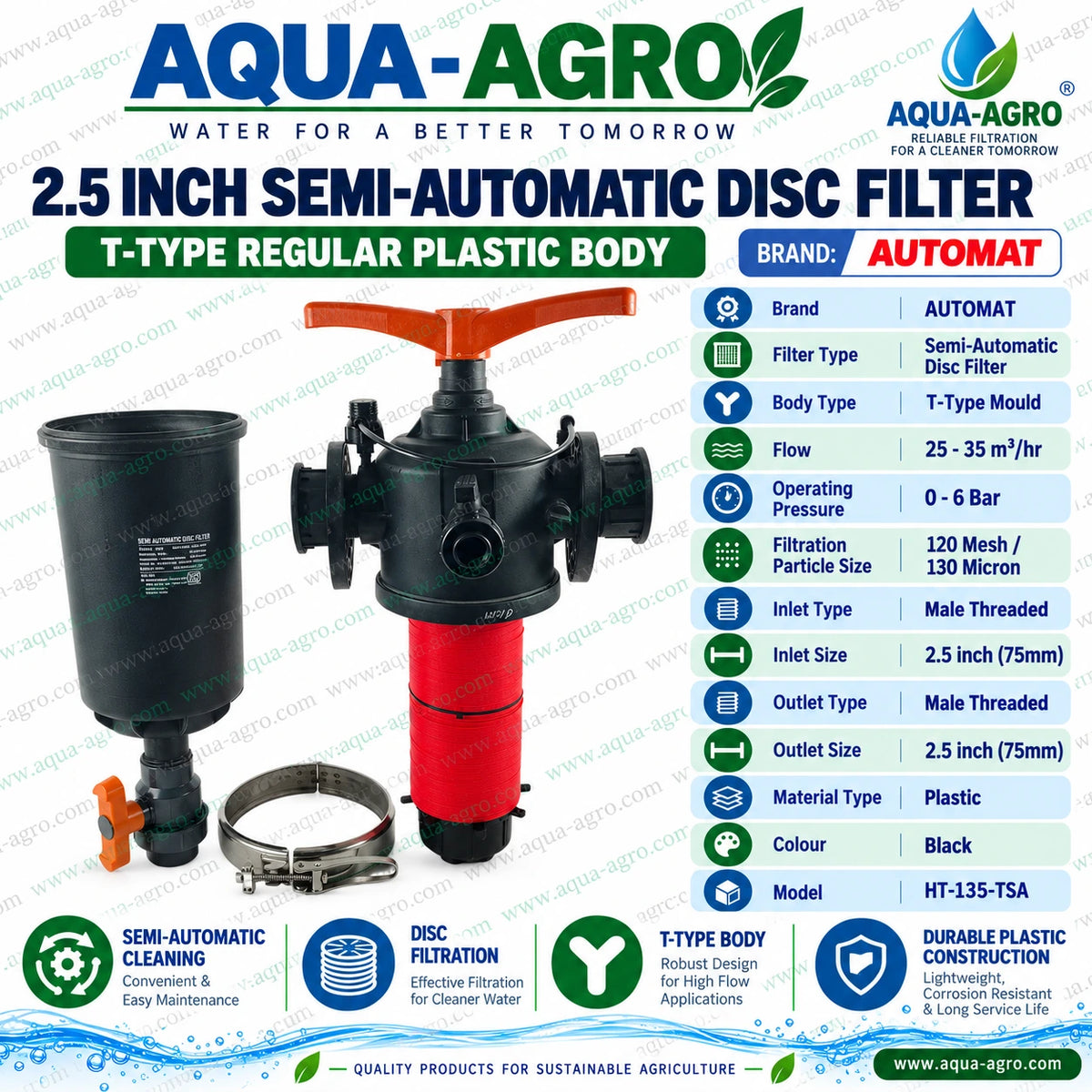 AUTOMAT HT-135-TSA 2.5 inch 75mm semi automatic disc water filter with black plastic T type body orange cleaning handle red disc cartridge removable filter housing stainless steel clamp and flanged male threaded connections for agricultural drip irrigation and sprinkler filtration systems