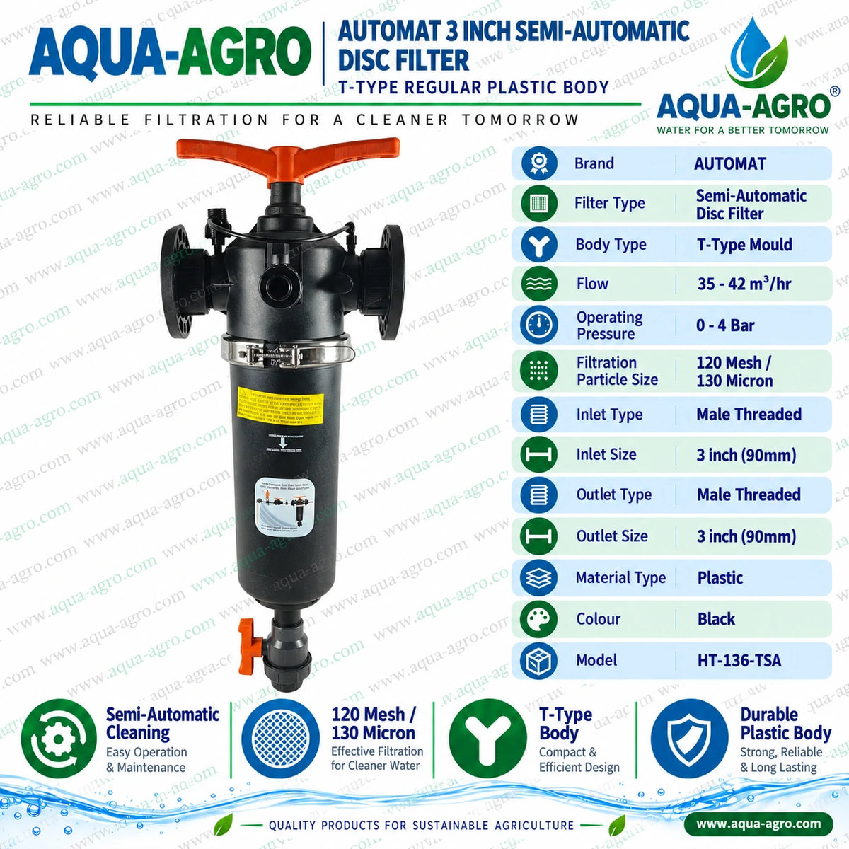 AUTOMAT HT-136-TSA 3 inch 90mm semi automatic disc water filter with black T type plastic body orange cleaning handle flanged male threaded inlet and outlet connections 35 to 42 cubic metres per hour flow rate and 0 to 4 bar operating pressure for agricultural irrigation filtration