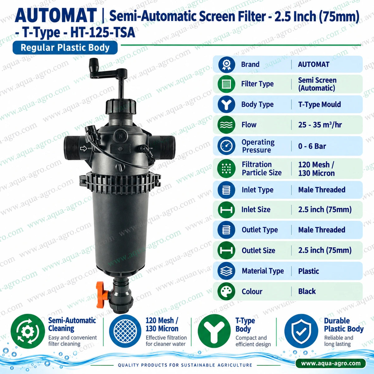 AUTOMAT HT-125-TSA 2.5 inch 75mm semi automatic screen filter with T type plastic body 120 mesh 130 micron filtration 30 m3 per hour flow capacity male threaded connections and manual cleaning mechanism for agricultural drip irrigation systems