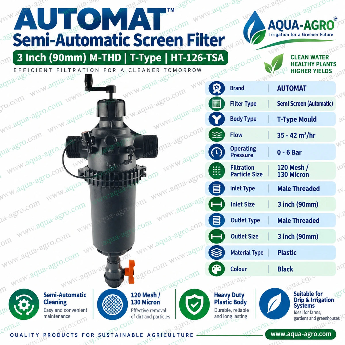 AUTOMAT HT-126-TSA 3 inch 90mm semi automatic T type screen filter with 120 mesh 130 micron filtration 40 m3 per hour flow capacity 0 to 6 bar operating pressure male threaded connections and heavy duty plastic body for agricultural drip irrigation systems